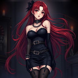 An alluring gothic anime girl with stunning long red hair that flows elegantly around her curvy figure