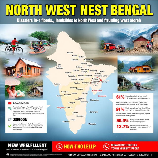 A vibrant and informative poster showcasing the recent disasters in North West Bengal and surrounding areas