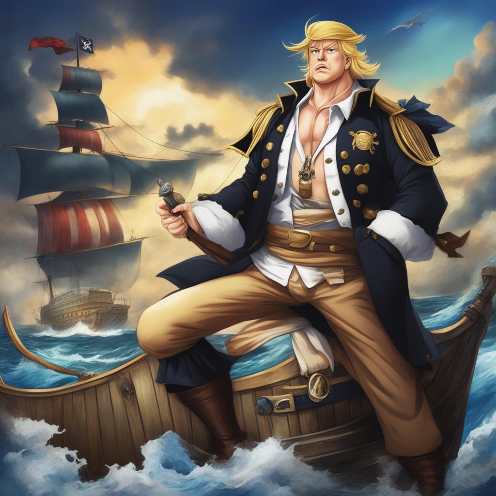 This is a high-quality digital art featuring Donald Trump depicted as a character from One Piece