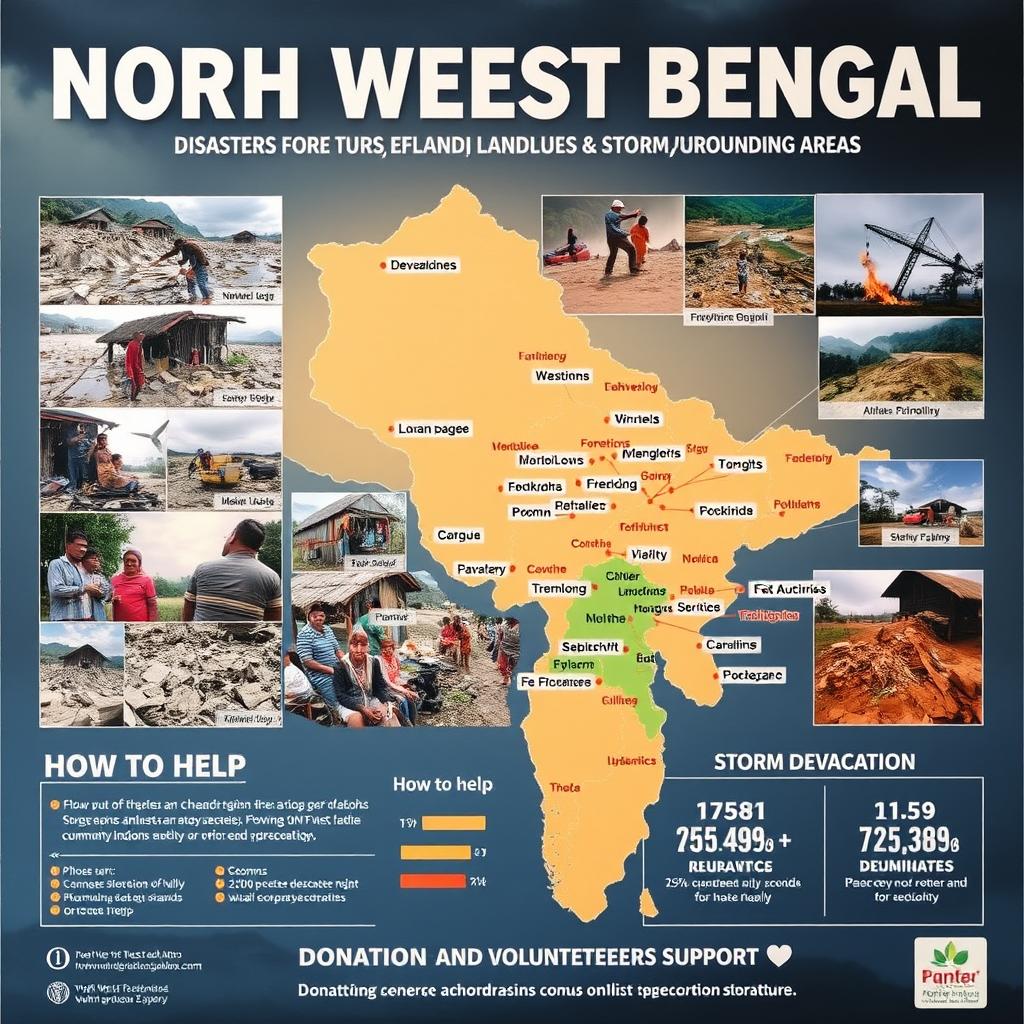 A vibrant and informative poster showcasing the recent disasters in North West Bengal and surrounding areas