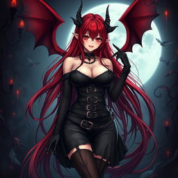 An alluring demon gothic anime girl with long, flowing red hair that cascades around her curvaceous figure