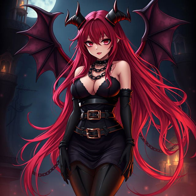 An alluring demon gothic anime girl with long, flowing red hair that cascades around her curvaceous figure