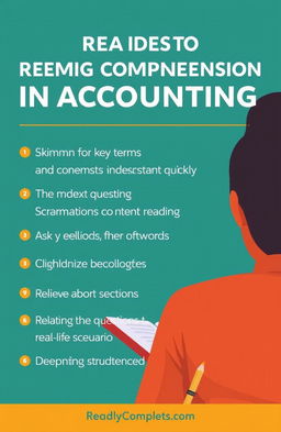 Strategies for reading comprehension in accounting include: 1) Skimming for key terms and concepts to understand context quickly