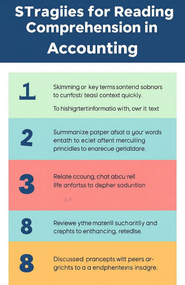 Strategies for reading comprehension in accounting include: 1) Skimming for key terms and concepts to understand context quickly