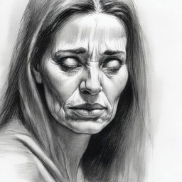 A high-quality black and white pencil sketch portrays a woman in a state of sorrow, tears streaming down her face