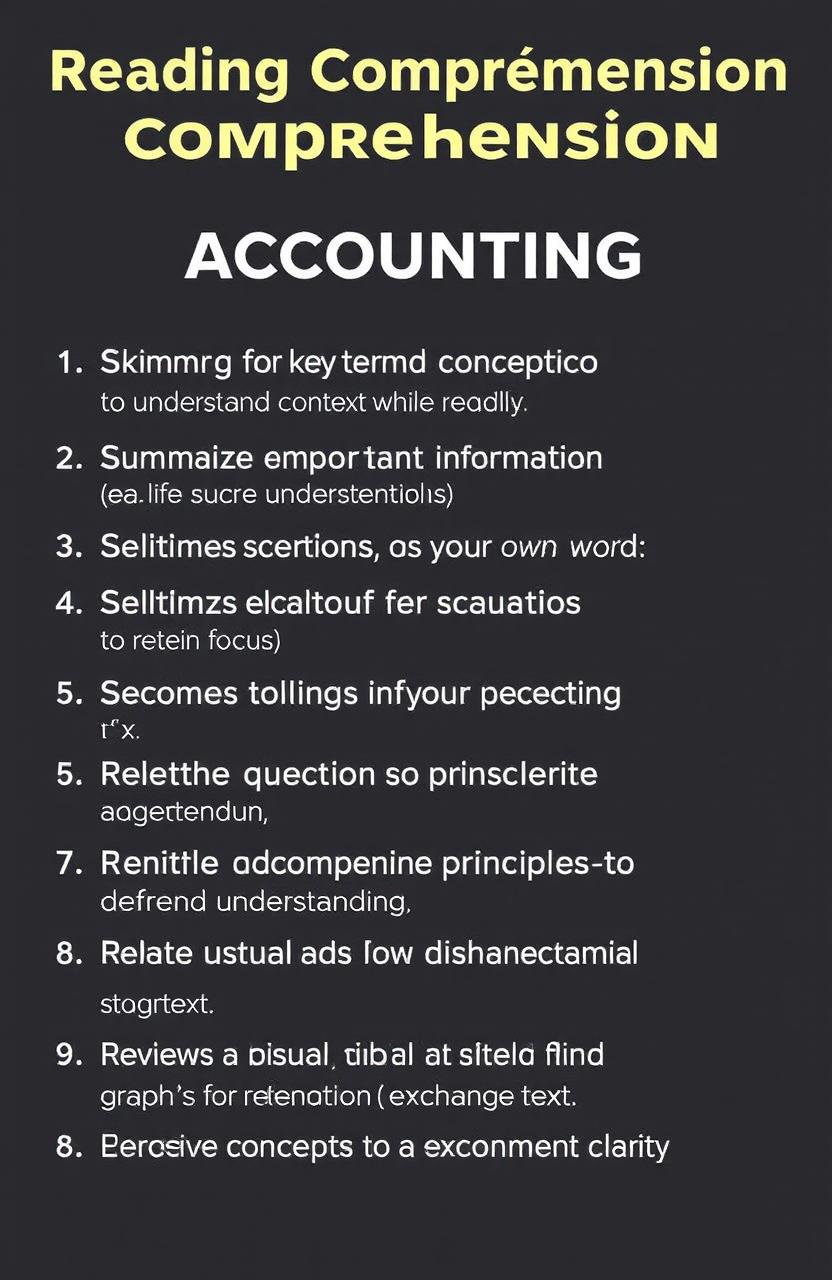 Strategies for reading comprehension in accounting include: 1) Skimming for key terms and concepts to understand context quickly