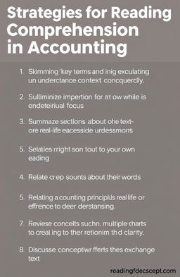 Strategies for reading comprehension in accounting include: 1) Skimming for key terms and concepts to understand context quickly