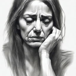 A high-quality black and white pencil sketch portrays a woman in a state of sorrow, tears streaming down her face