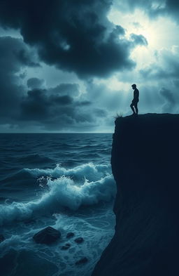 A symbolic representation of pain and struggle, showcasing a silhouette of a person standing on a cliff looking over a stormy sea, with dark clouds swirling overhead