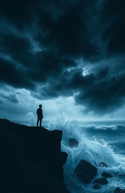 A symbolic representation of pain and struggle, showcasing a silhouette of a person standing on a cliff looking over a stormy sea, with dark clouds swirling overhead