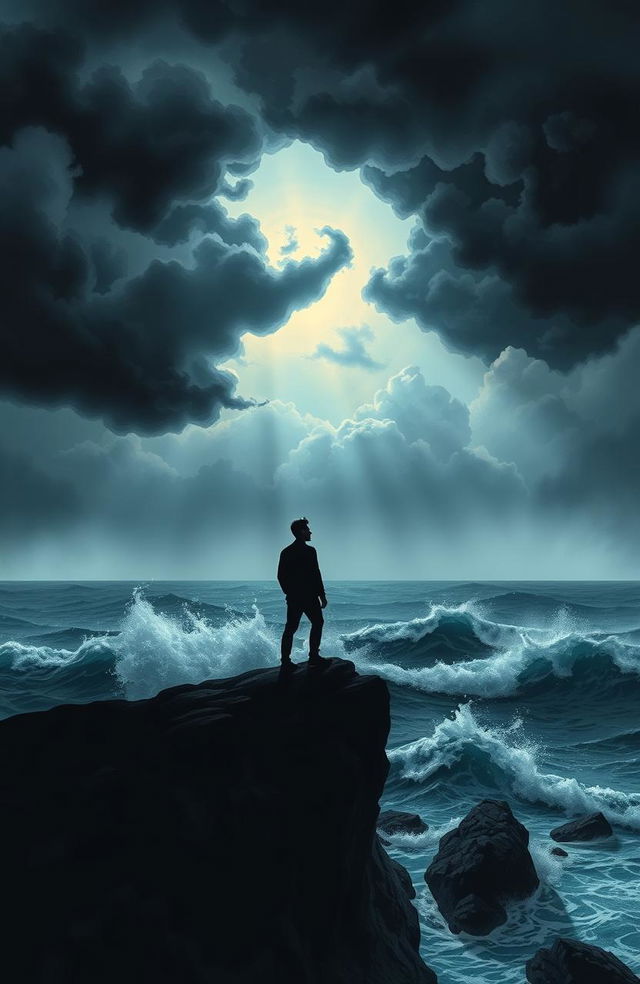 A symbolic representation of pain and struggle, showcasing a silhouette of a person standing on a cliff looking over a stormy sea, with dark clouds swirling overhead