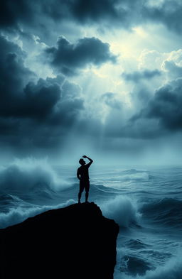 A symbolic representation of pain and struggle, showcasing a silhouette of a person standing on a cliff looking over a stormy sea, with dark clouds swirling overhead