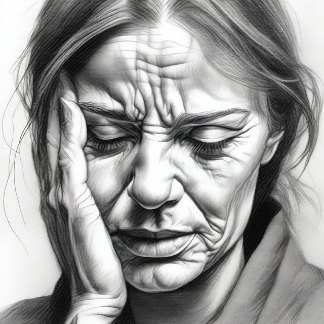 A high-quality black and white pencil sketch portrays a woman in a state of sorrow, tears streaming down her face