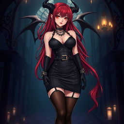 An alluring demon gothic anime girl with long, flowing red hair that beautifully frames her voluptuous figure