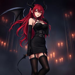 An alluring demon gothic anime girl with long, flowing red hair that beautifully frames her voluptuous figure