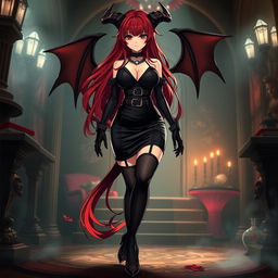 An alluring demon gothic anime girl with long, flowing red hair that beautifully frames her voluptuous figure