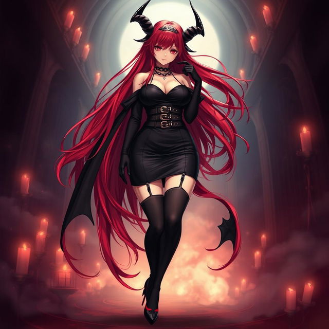 An alluring demon gothic anime girl with long, flowing red hair that beautifully frames her voluptuous figure