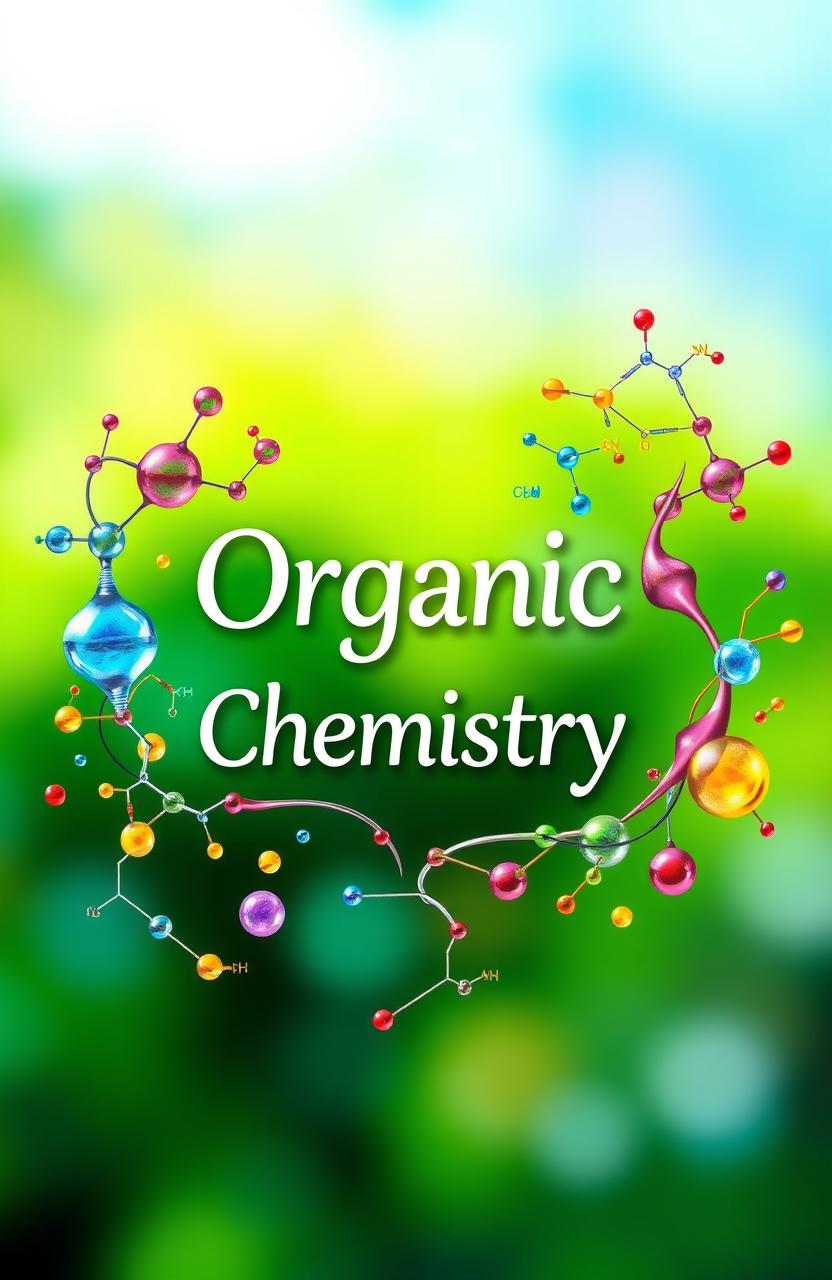 An artistic and vibrant book cover design focused on organic chemistry, featuring colorful molecular structures and chemical formulas gracefully intertwining around the title