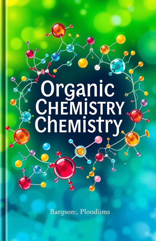 An artistic and vibrant book cover design focused on organic chemistry, featuring colorful molecular structures and chemical formulas gracefully intertwining around the title