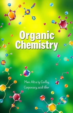 An artistic and vibrant book cover design focused on organic chemistry, featuring colorful molecular structures and chemical formulas gracefully intertwining around the title
