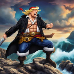 In this revised digital art, Donald Trump is depicted as a character from One Piece without a scar on his face