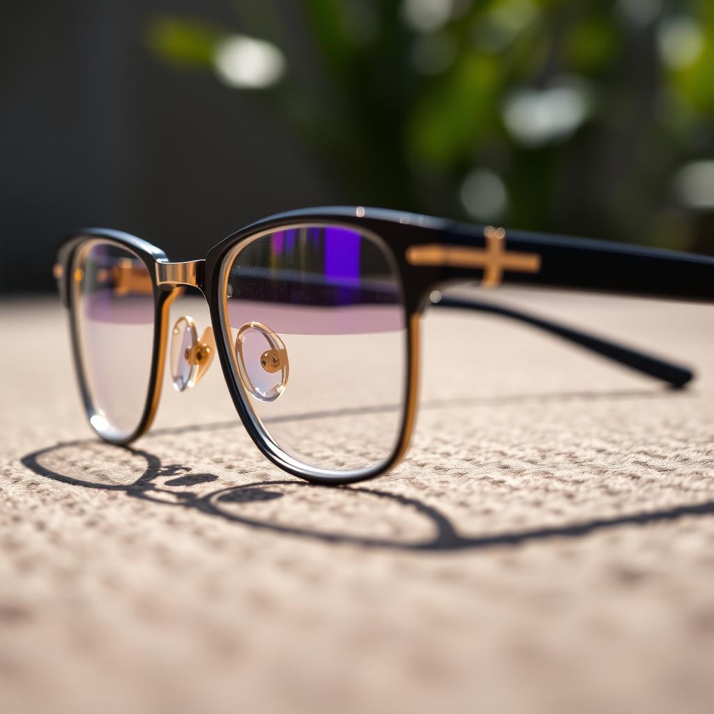 A close-up image of stylish glasses (kacamata) on a textured surface, highlighting the intricate details of the frame and lenses