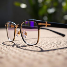 A close-up image of stylish glasses (kacamata) on a textured surface, highlighting the intricate details of the frame and lenses