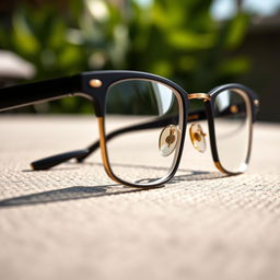 A close-up image of stylish glasses (kacamata) on a textured surface, highlighting the intricate details of the frame and lenses