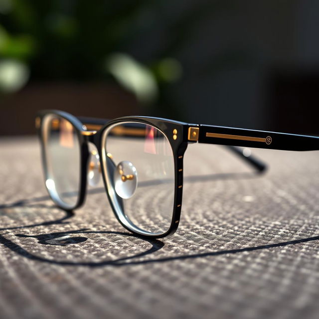 A close-up image of stylish glasses (kacamata) on a textured surface, highlighting the intricate details of the frame and lenses