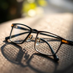 A close-up image of stylish glasses (kacamata) on a textured surface, highlighting the intricate details of the frame and lenses