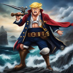 In this revised digital art, Donald Trump is depicted as a character from One Piece without a scar on his face