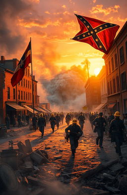 A dramatic scene depicting the aftermath of an explosion in Baltimore during the Civil War era