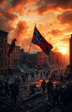 A dramatic scene depicting the aftermath of an explosion in Baltimore during the Civil War era