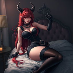 An enticing demon gothic anime girl with long, flowing red hair, voluptuous curves, and a captivating presence