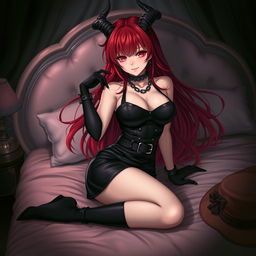 An enticing demon gothic anime girl with long, flowing red hair, voluptuous curves, and a captivating presence