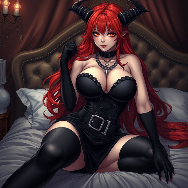 An enticing demon gothic anime girl with long, flowing red hair, voluptuous curves, and a captivating presence