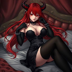 An enticing demon gothic anime girl with long, flowing red hair, voluptuous curves, and a captivating presence