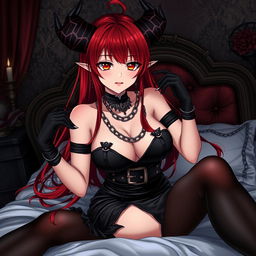 A sexy demon gothic anime girl with long flowing red hair and large breasts, wearing a form-fitting black dress adorned with belts and chains