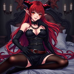 A sexy demon gothic anime girl with long flowing red hair and large breasts, wearing a form-fitting black dress adorned with belts and chains