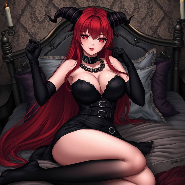 A sexy demon gothic anime girl with long flowing red hair and large breasts, wearing a form-fitting black dress adorned with belts and chains