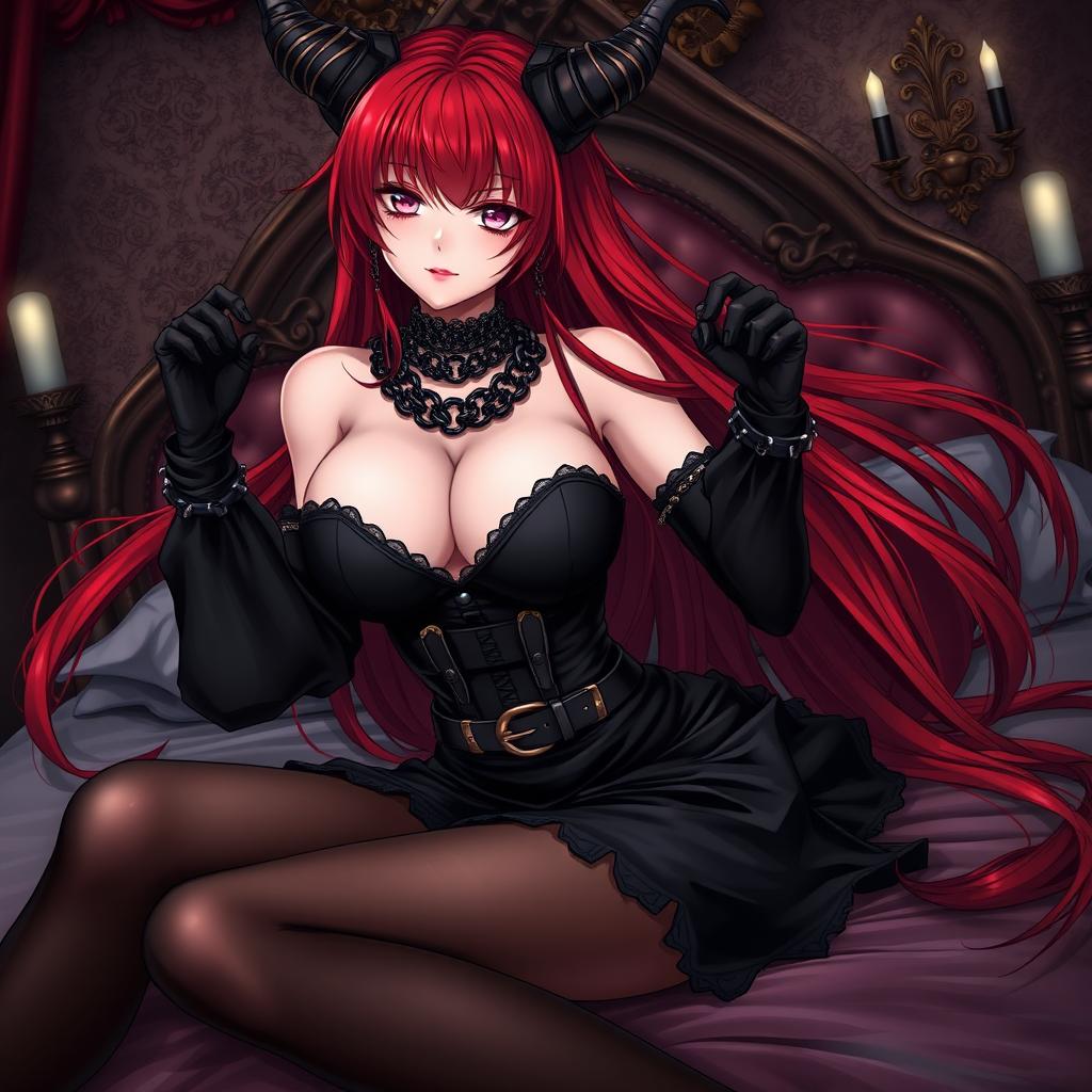 A sexy demon gothic anime girl with long flowing red hair and large breasts, wearing a form-fitting black dress adorned with belts and chains