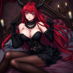 A sexy demon gothic anime girl with long flowing red hair and large breasts, wearing a form-fitting black dress adorned with belts and chains