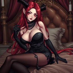 A sexy demon gothic anime girl with long flowing red hair and large breasts, dressed in a stunning black dress featuring intricate belts and chains