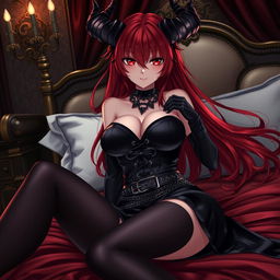 A sexy demon gothic anime girl with long flowing red hair and large breasts, dressed in a stunning black dress featuring intricate belts and chains
