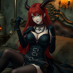 A sexy demon gothic anime girl with long flowing red hair and large breasts, dressed in a stunning black dress featuring intricate belts and chains