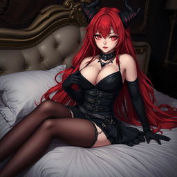 A sexy demon gothic anime girl with long flowing red hair and large breasts, dressed in a stunning black dress featuring intricate belts and chains