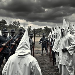 A powerful and tense scene depicting a standoff between Black troops of the Civil War and Ku Klux Klan members in a historical context