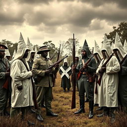 A powerful and tense scene depicting a standoff between Black troops of the Civil War and Ku Klux Klan members in a historical context