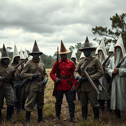 A powerful and tense scene depicting a standoff between Black troops of the Civil War and Ku Klux Klan members in a historical context