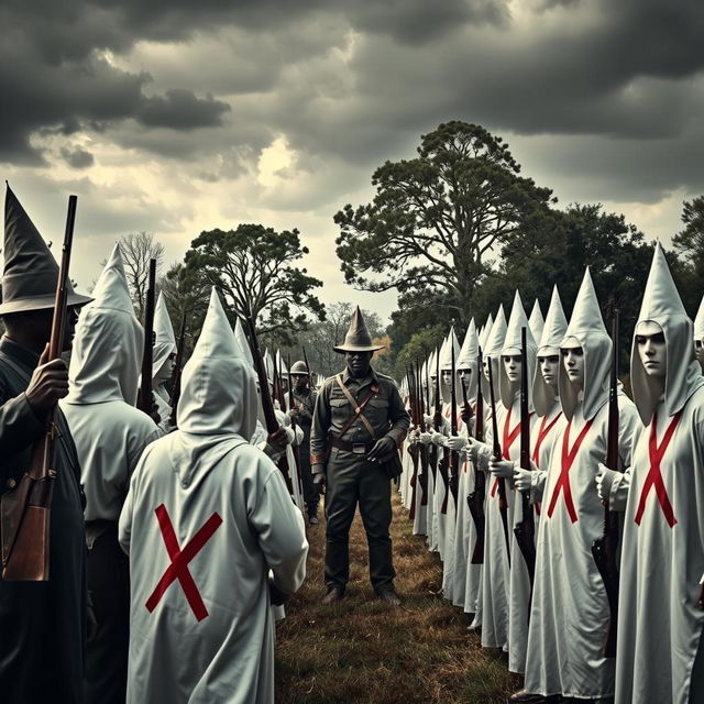 A powerful and tense scene depicting a standoff between Black troops of the Civil War and Ku Klux Klan members in a historical context